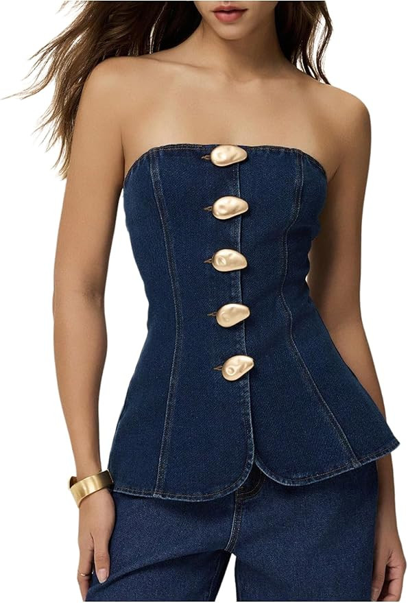 Floerns Women's Elegant Strapless Metal Button Front Denim Tube Tops Tube Sleeveless Bandeau | Amazon (US)