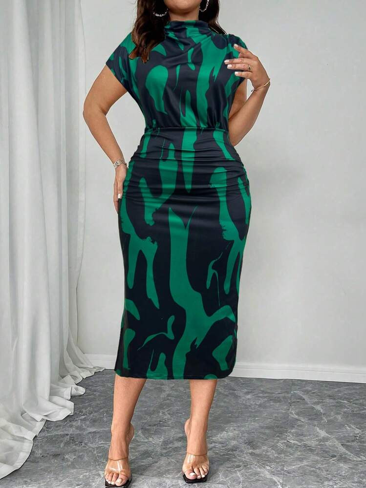 Celure Plus Size Women High Neck Form-Fitting Elastic High Waist Black & White Floral Print Ruche... | SHEIN