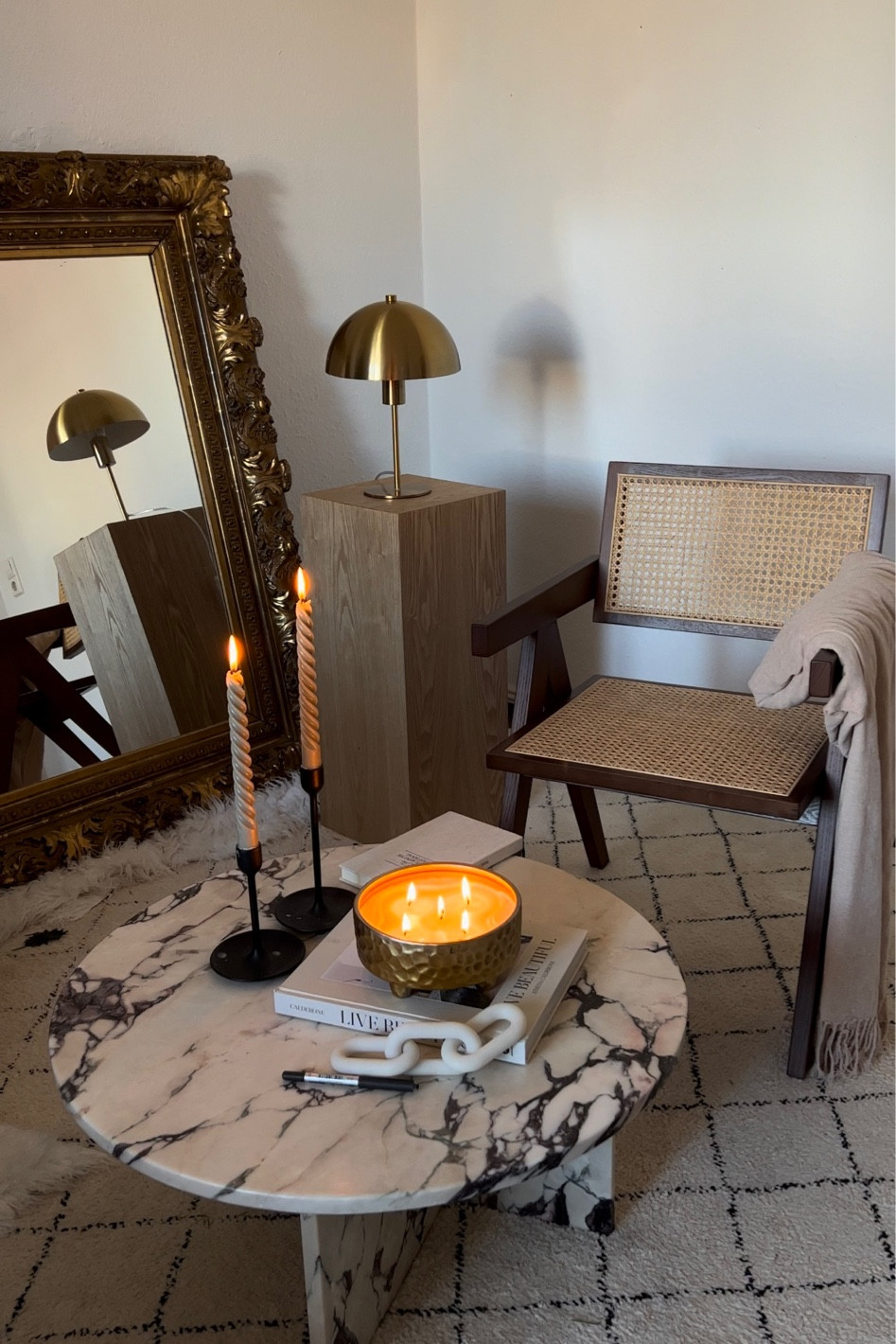 Beige interior, interior design, wooden chair, rattan chair, vintage interior, wooden piedestal, golden lamp, marble table, candles, live beautiful 

#LTKeurope #LTKSeasonal #LTKhome