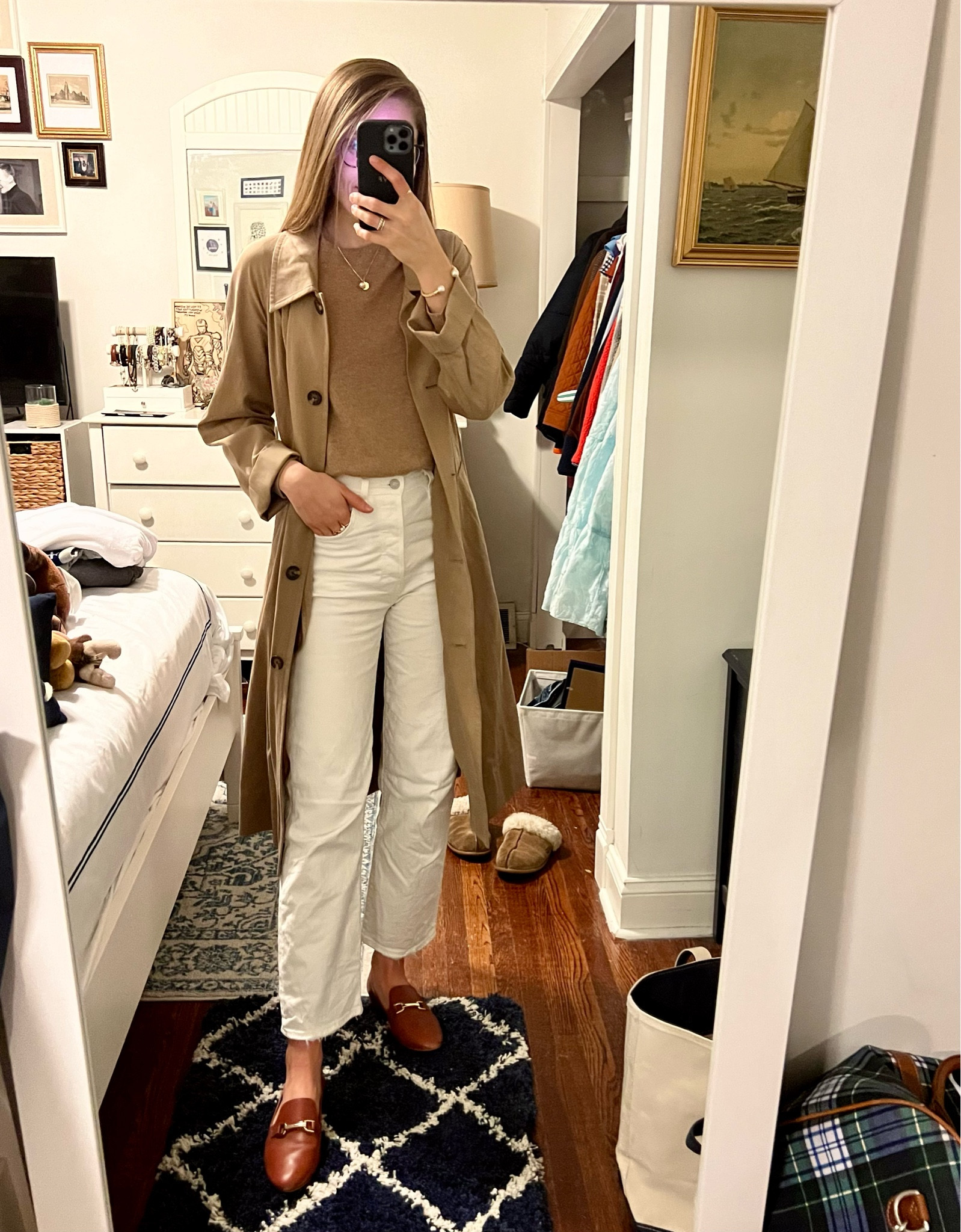 Cashmere sweater // trench coat // everlane // minimalist // classic style // preppy style // Levi’s jeans // straight jeans // loafers // jcrew // preppy style 

#LTKunder50 #LTKunder100 #LTKstyletip