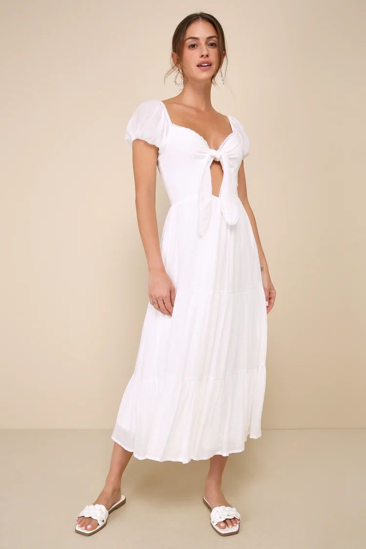 White Tiered Tie-Front Puff Sleeve Midi Dress | White Dress Summer | White Summer Dress | Lulus