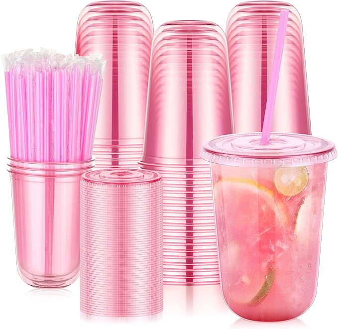 tchrules 100 Set 16oz Plastic Cups with Lids & Straws, Disposable Pink Clear Iced Coffee Cup with... | Amazon (US)