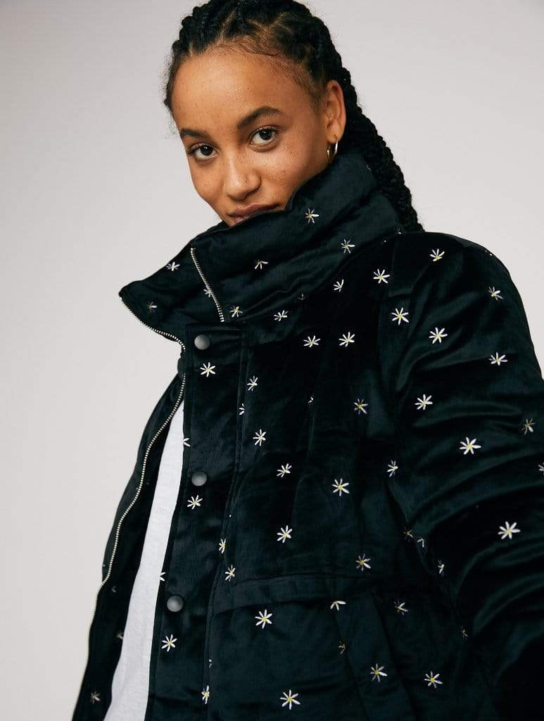 Embroidered Daisy Velvet Puffer Jacket | Skinnydip London (US & UK)
