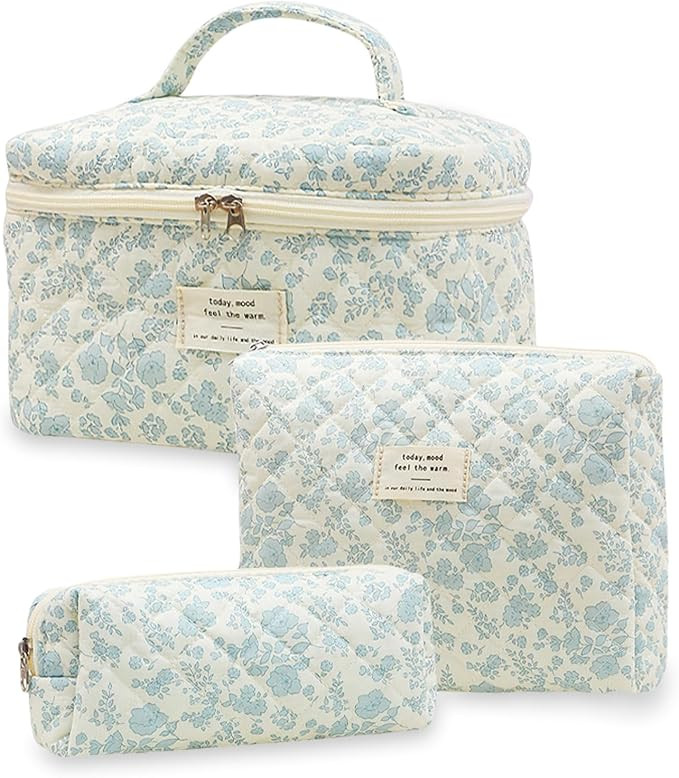 Aucuu 3PCS Coquette Makeup Bag, Quilted Makeup Bag for Women, Floral Cotton Cosmetic Bag Set, Lar... | Amazon (UK)