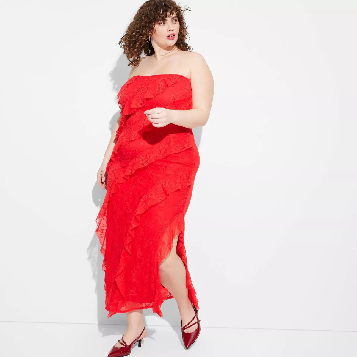 Women's Lace Ruffle Maxi Bodycon Dress - Wild Fable™ Cherry Red 1X | Target