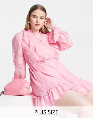 Twisted Wunder Plus long sleeve mini dress with frill detail in pink | ASOS (Global)