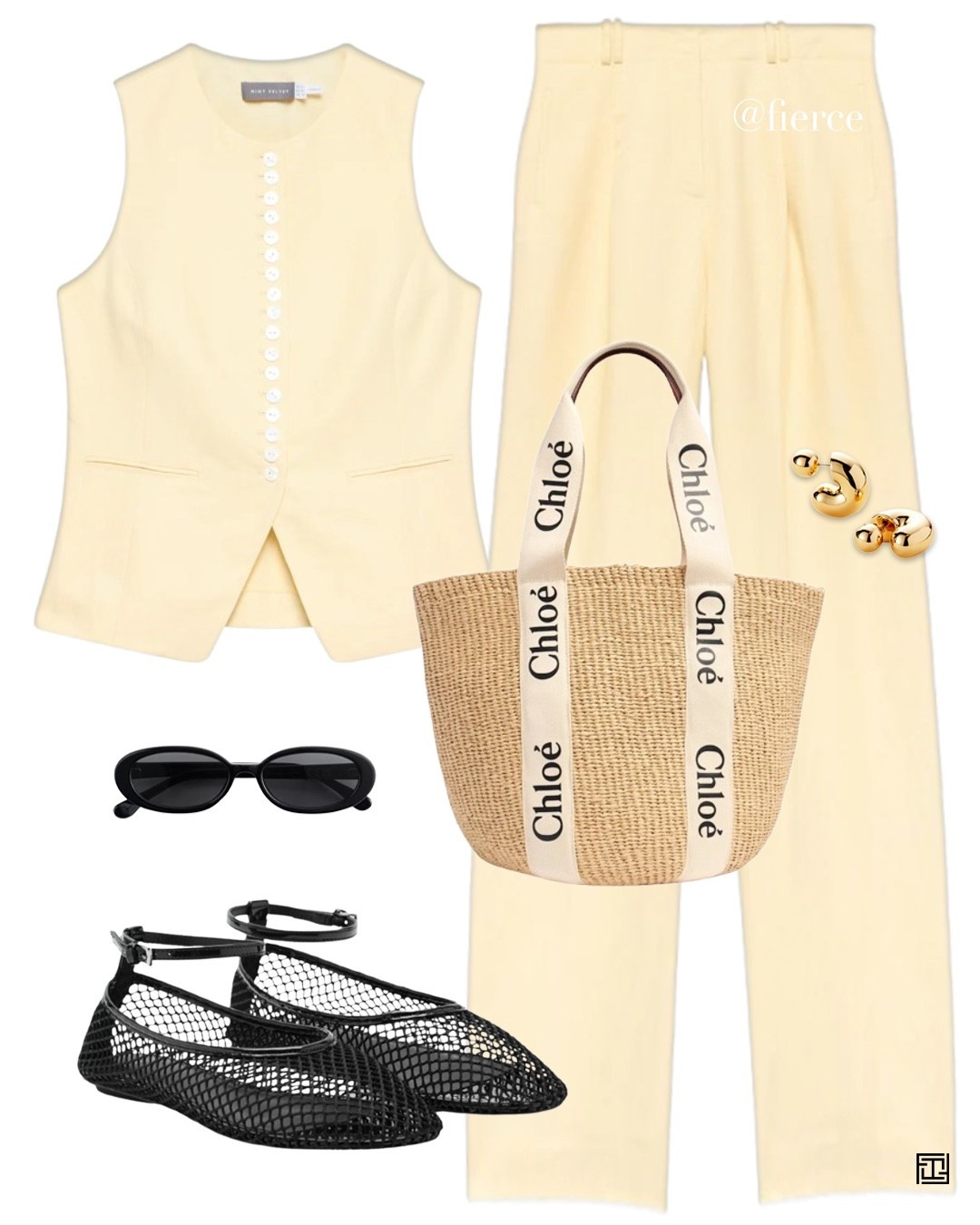 Yellow matching set co-ord set waistcoat fishnet flats Chloe raffia bag holiday outfit city break

#LTKuk #LTKsummer #LTKspring