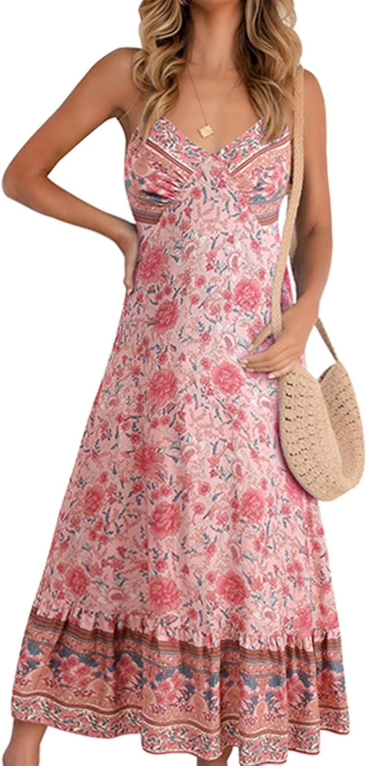 Summer Dresses V Neck Floral Print Boho Criss Cross Backless Beach Party Long Maxi Dress | Amazon (US)