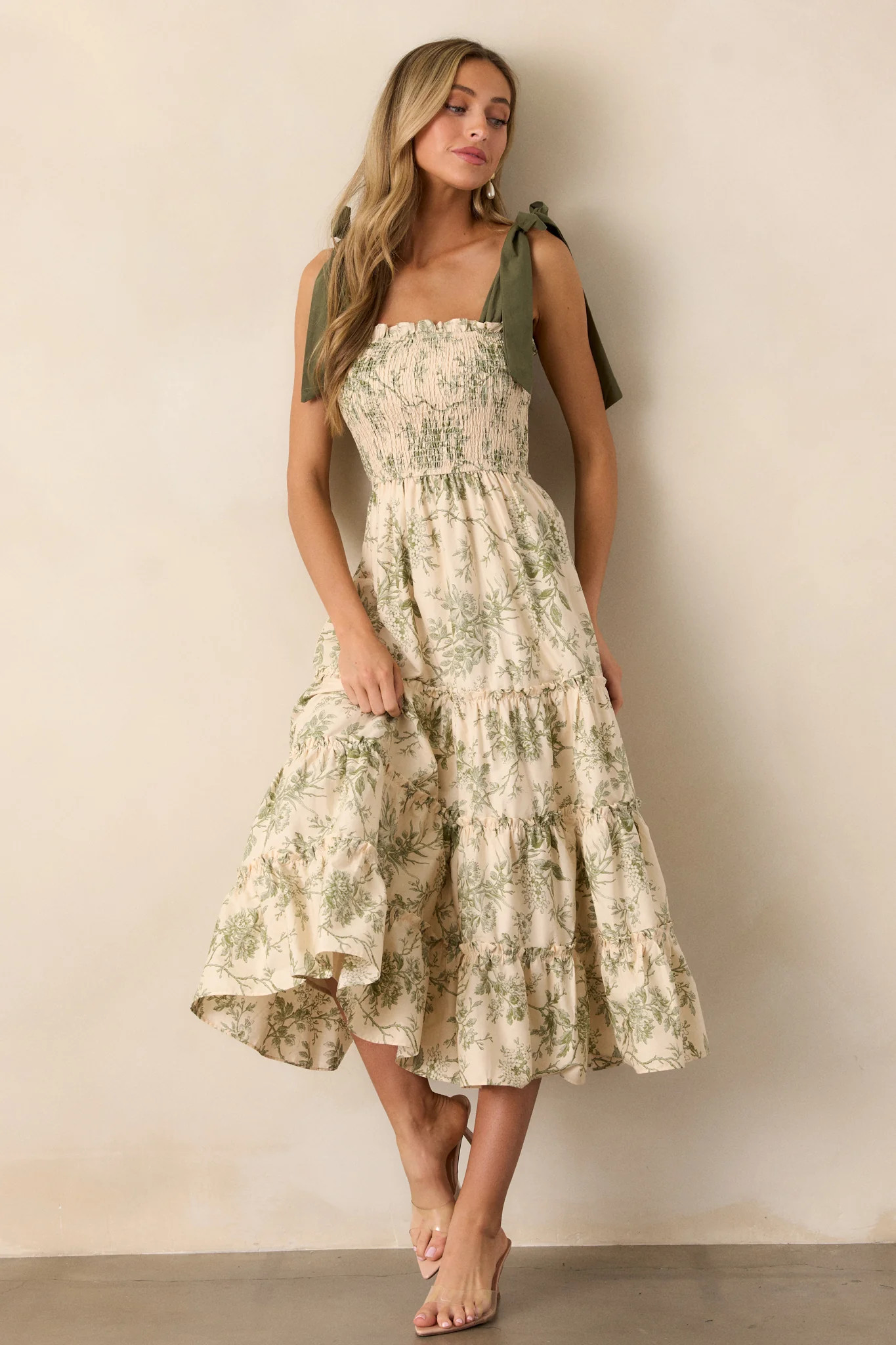 Wildflower Whisper 100% Cotton Ivory Green Floral Midi Dress | Red Dress