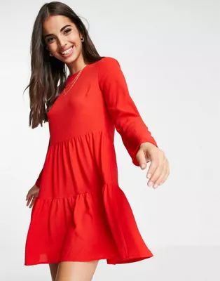 ASOS DESIGN long sleeve tiered smock mini dress in red | ASOS (Global)