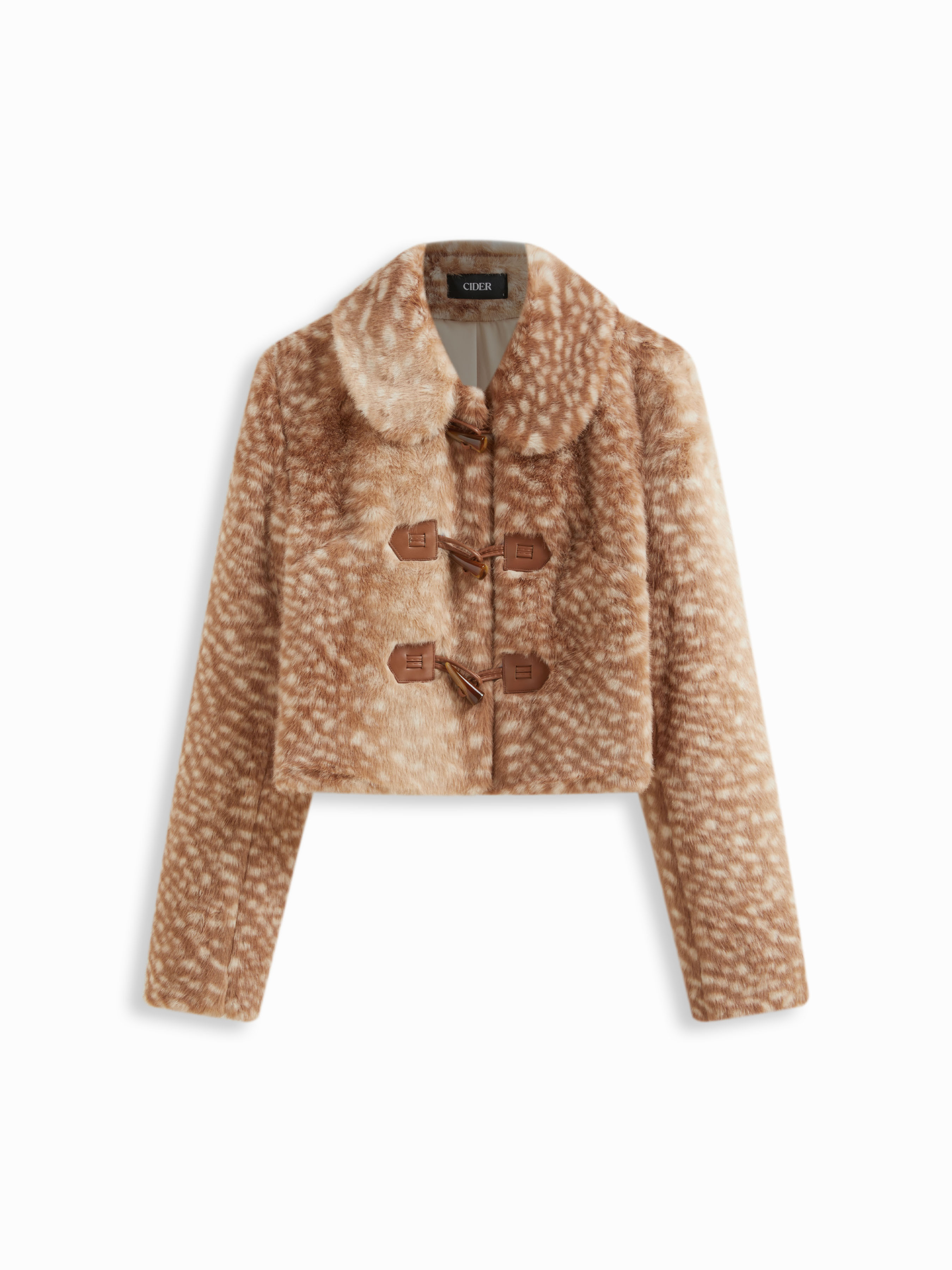 Faux Fur Deer Print Faux Fur Collar Toggle Button Crop Jacket For Daily Casual | Cider