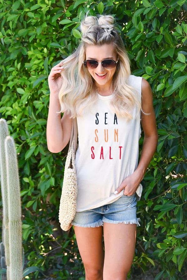 "Sea Sun Salt" Embroidered Tank Top - Cream | Closet Candy Boutique US