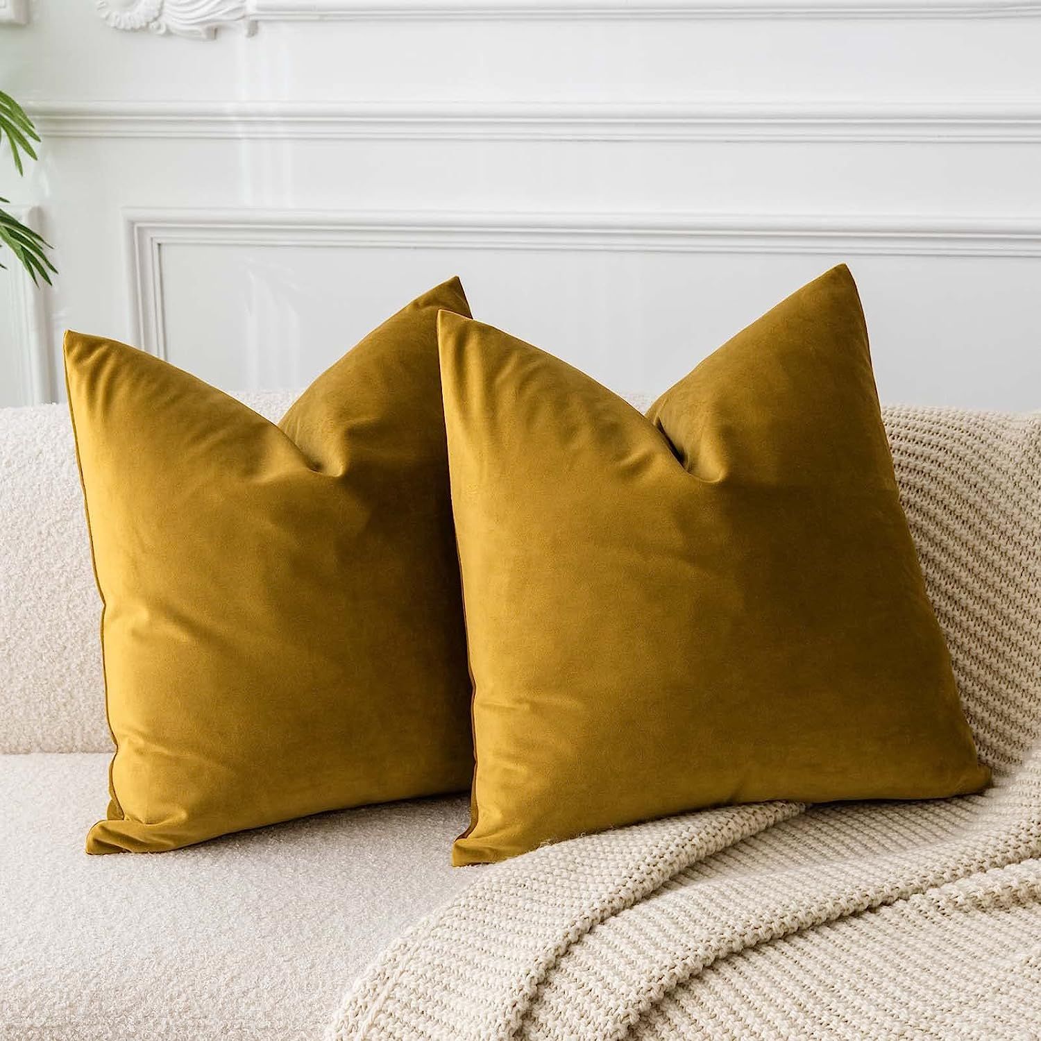 JUSPURBET Decorative Mustard Yellow 24x24 Velvet Throw Pillow Covers for Couch Bed Sofa,Pack of 2... | Amazon (US)