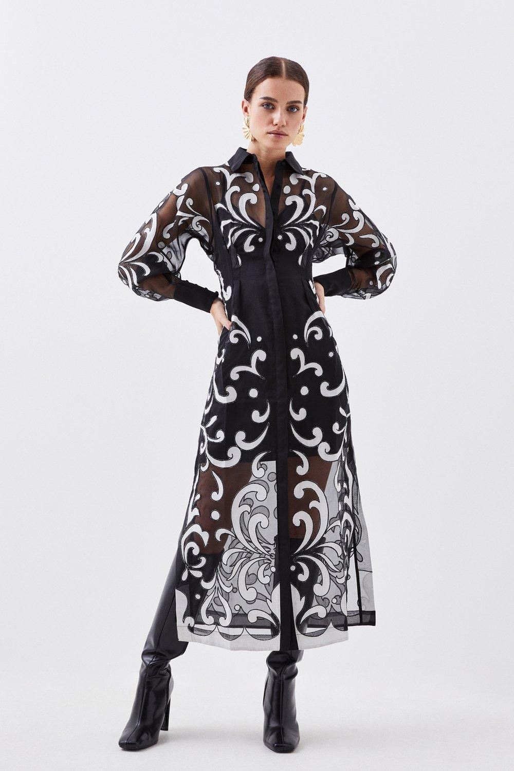 Petite Applique Organdie Woven Midi Shirt Dress | Karen Millen UK + IE + DE + NL