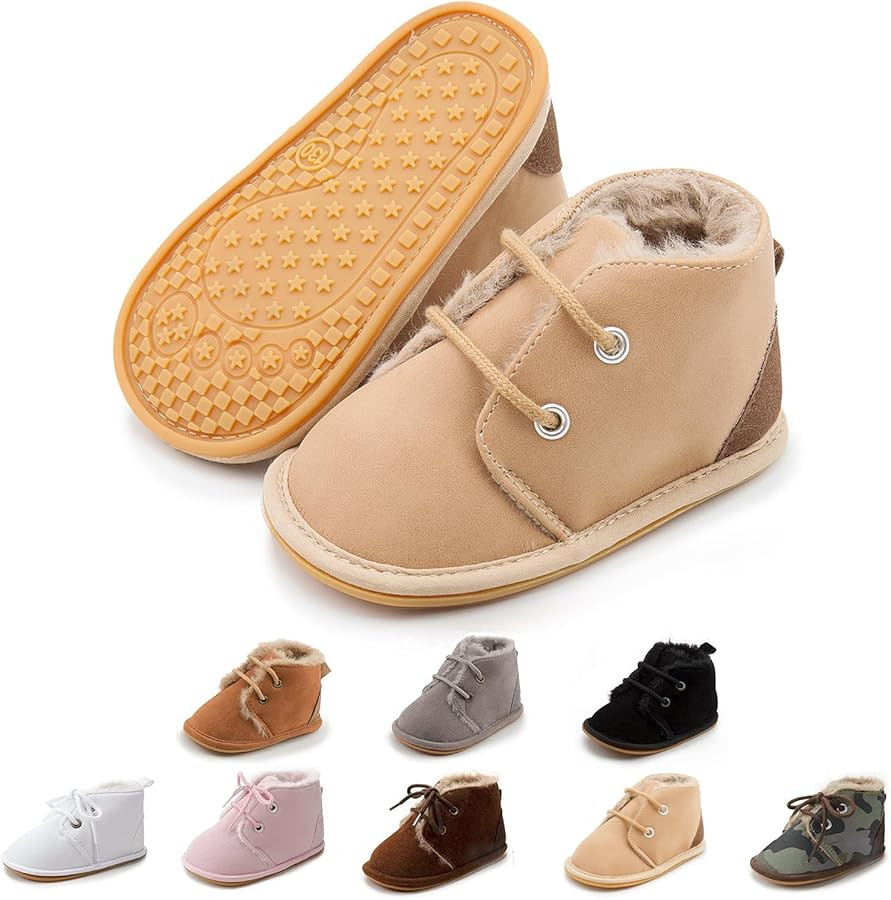 Baby Unisex Warm Snow Boots Newborn Leather Fur Lace Up Ankle Anti-Slip Rubber Texture Sole Toddl... | Amazon (US)