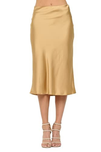 Women Solid High Waist Silky Casual Elastic Satin Midi Skirt - Made in USA(Medium,Gold) | Amazon (US)