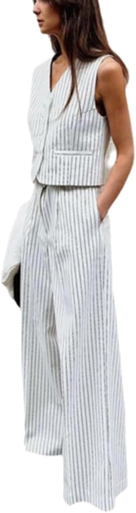 Vest Sets Women 2 Piece Outfits Button Down Vest Wide Leg Pants Vest and Pants Set Women Fashion | Amazon (US)