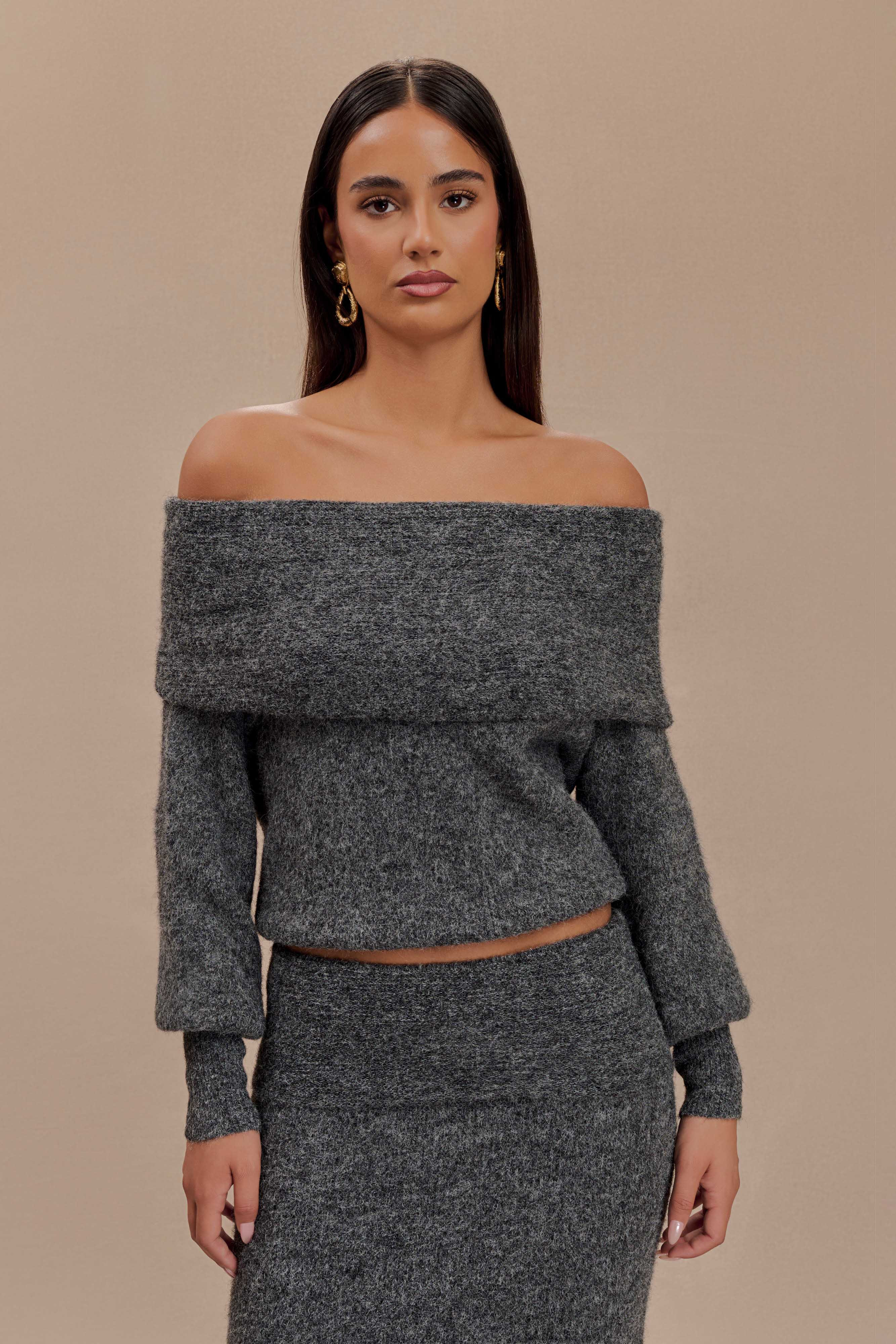 Off Shoulder Knit Long Sleeve Top - Charcoal Marle | MESHKI US