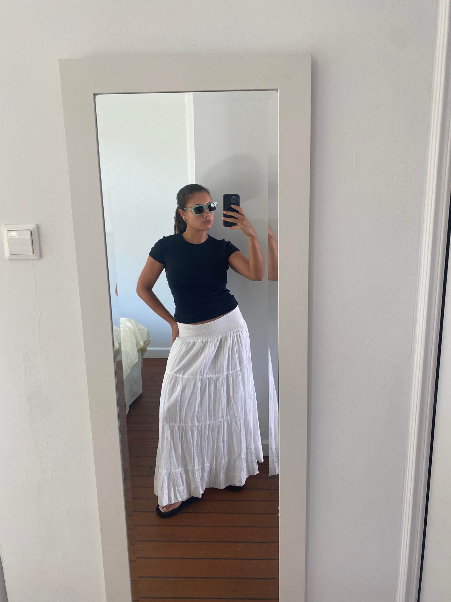 outfit inspiration, crew neck black tshirt, Arket, leather sandals, MyTheresa, Mid length boho skirt, Stradivarius, Jacquemus sunglasses, Les lunettes Pralu sunglasses, Loewe cat eye sunglasses, Netherlands. 

#LTKstyletip #LTKSeasonal #LTKeurope