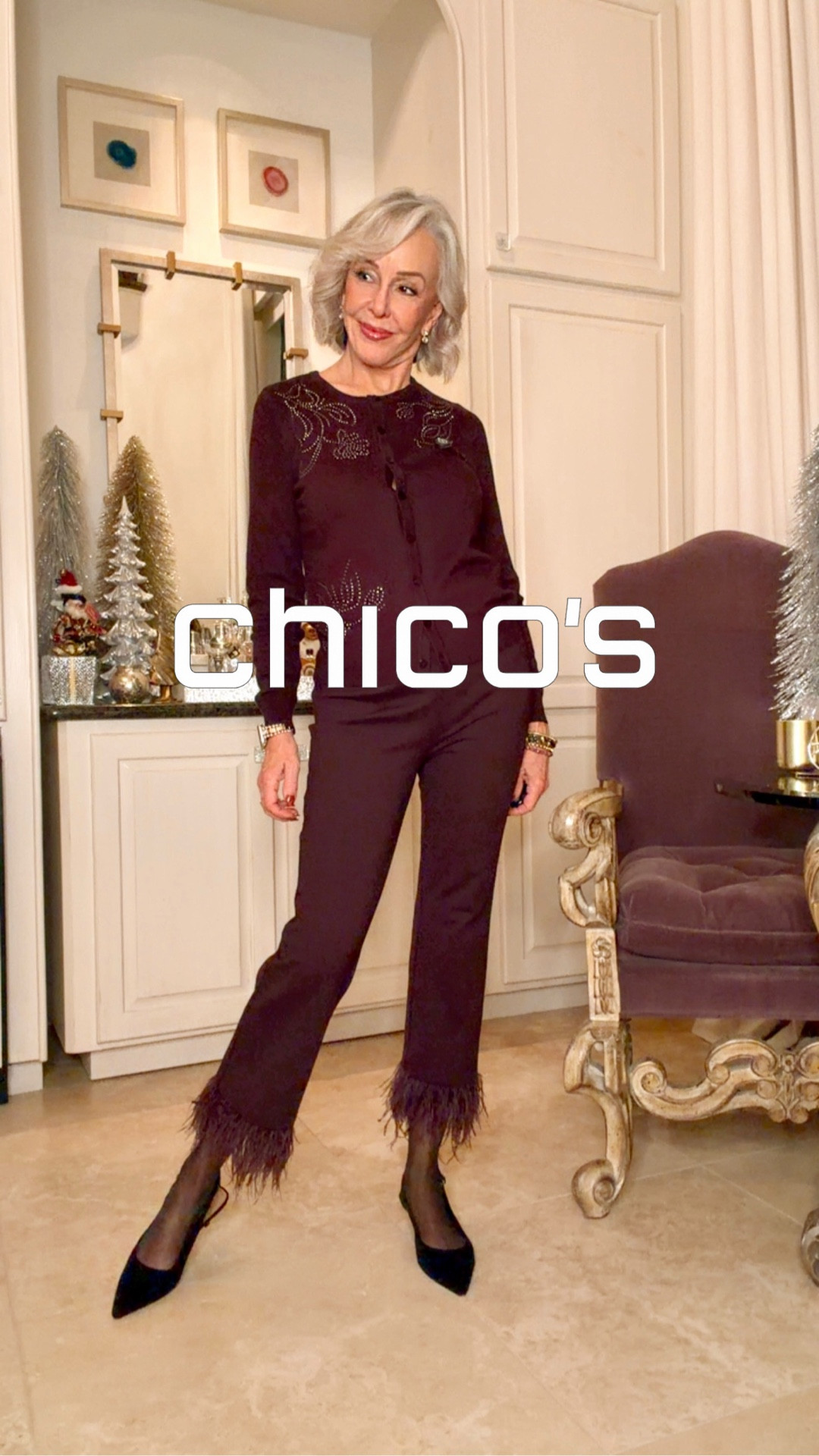 Chicoo’s beloved Juliet pants, now with an elevated feather hem, elongating flared leg, and cropped length. Constructed with Chico's 360 built-in shapewear tech to smooth and slim your shape and our polished Ponte for a luxurious double-knit pant experience. Includes removable feathers at the hem for easy laundering. 
Sweater sold out but I linked a beautiful Ruana and camisole and other items that will pair back wonderfully. 

#LTKOver40 #LTKHoliday #LTKSaleAlert