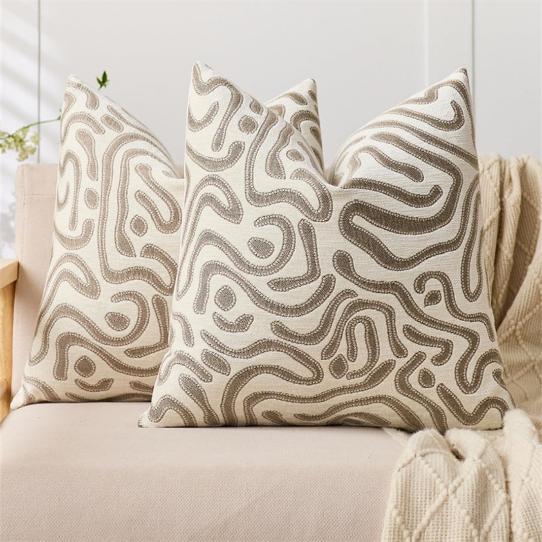 Set of 2 Beige Chenille Throw Pillow Covers 18x18in Abstract Swirl Minimalist Cushion Covers for Sofa Living Room Bedroom Chair | Amazon (US)