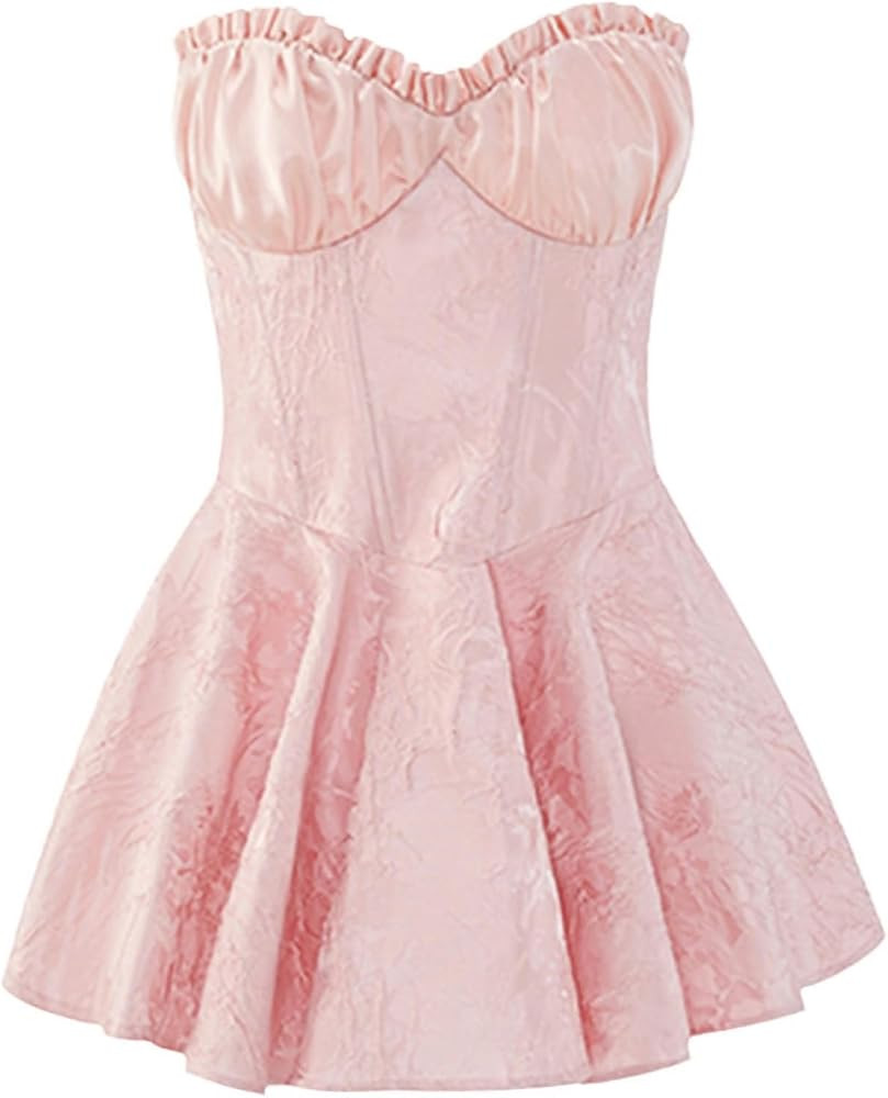 Women Sleeveless Off Shoulder Sweet Mini Dress Corset Boning Lace Jacquard Slim Fit Pink Sexy Strapless Summer Dress | Amazon (US)