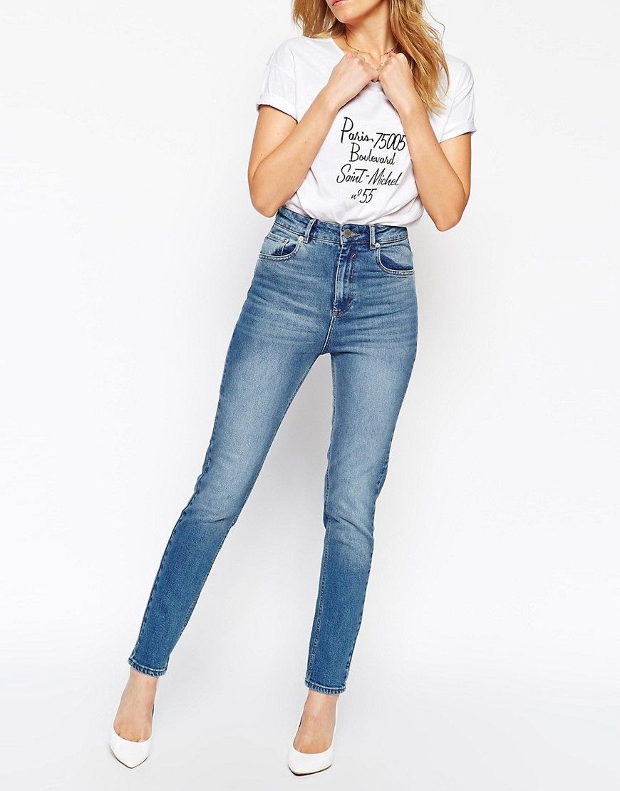 ASOS Farleigh High Waist Slim Mom Jeans in Mid Wash Blue - Blue | ASOS US