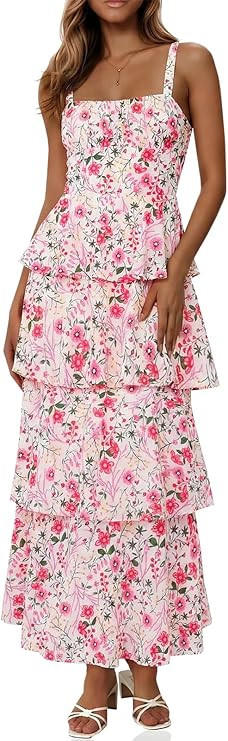 Fisoew Womens Floral Maxi Dresses Spaghetti Strap Casual Sleeveless Ruffle Flowy Tiered Dress | Amazon (US)