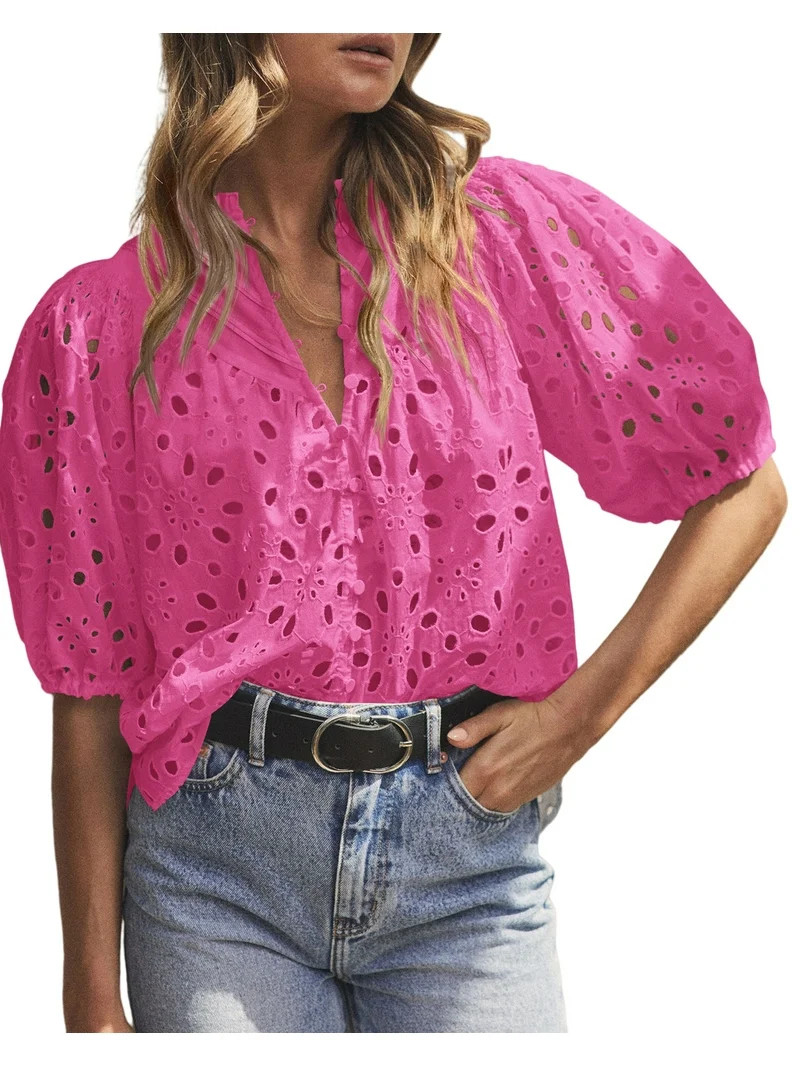 PRETTYGARDEN Women's Summer Tops Dressy Casual Short Lantern Sleeve V Neck Buttons Hollow Out Lac... | Walmart (US)