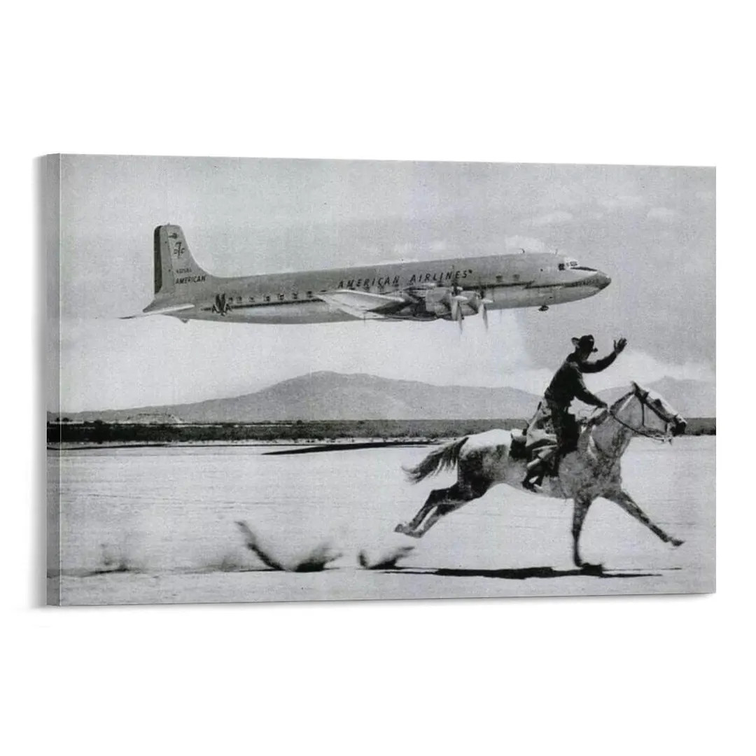 Vintage American Airlines plane and cowboy on horseback black and white photo print mid century a... | Etsy (US)