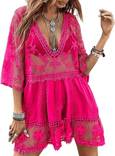 Eomenie Women's Contrast Lace Bathing Suit Cover Up V-Neck Swimsuit Coverups Loose Swimwear Beach... | Amazon (US)