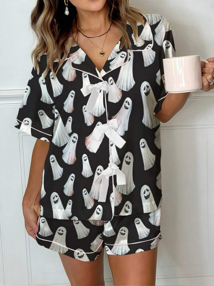 Women's Halloween Pajama Sets  Bow Tie Front Short Sleeve T Shirt Tops And Shorts Set Holiday Sle... | SHEIN