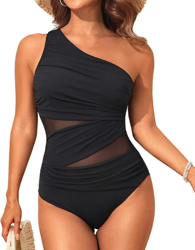 Aqua Eve Women Mesh One Piece Swimsuit - Tummy Control One Shoulder Bathing Suit Cut Out Swimwear... | Amazon (US)