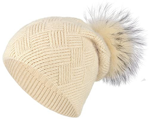Beige Cashmere Beanie Hat Winter Knit Beanie with Beige Real Fur Pom Pom Winter Knit Beanie Hat (Beige1) | Amazon (US)