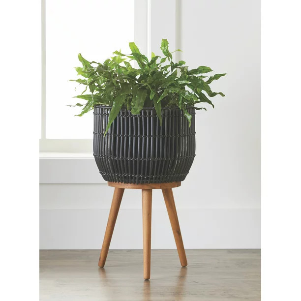 Better Homes & Gardens Black Round Resin Rattan Planter & Stand Set - Walmart.com | Walmart (US)