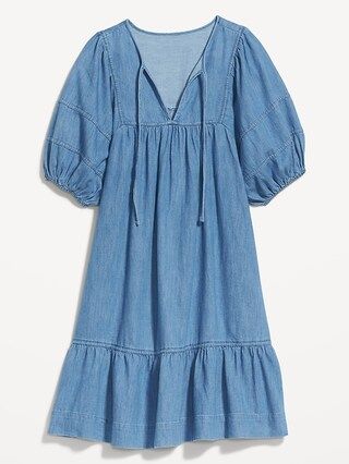 Puff-Sleeve Tie-Neck Chambray All-Day Mini Swing Dress for Women | Old Navy (US)