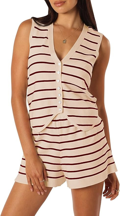 Pink Queen Vest Sets Women 2 Piece Outfits 2025 Summer Casual Knit Loungewear Sleeveless Button D... | Amazon (US)