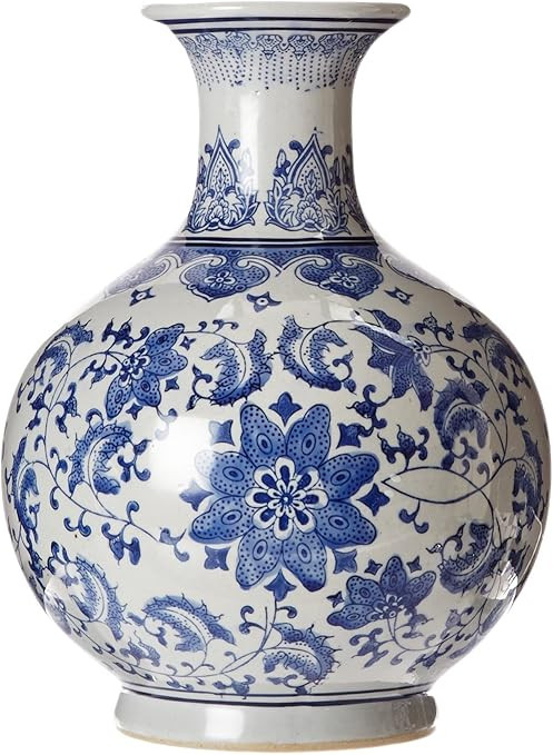 Oriental Furniture 12" Floral Blue & White Porcelain Vase | Amazon (US)