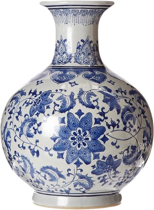 Oriental Furniture 12" Floral Blue & White Porcelain Vase | Amazon (US)