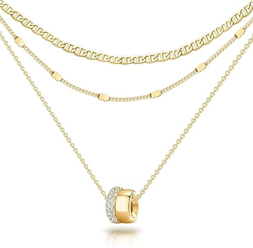 OGD Layered CZ Rondelle Pendant Necklaces for Women, 14K Gold Plated Trendy Mariner Chain Dainty ... | Amazon (US)