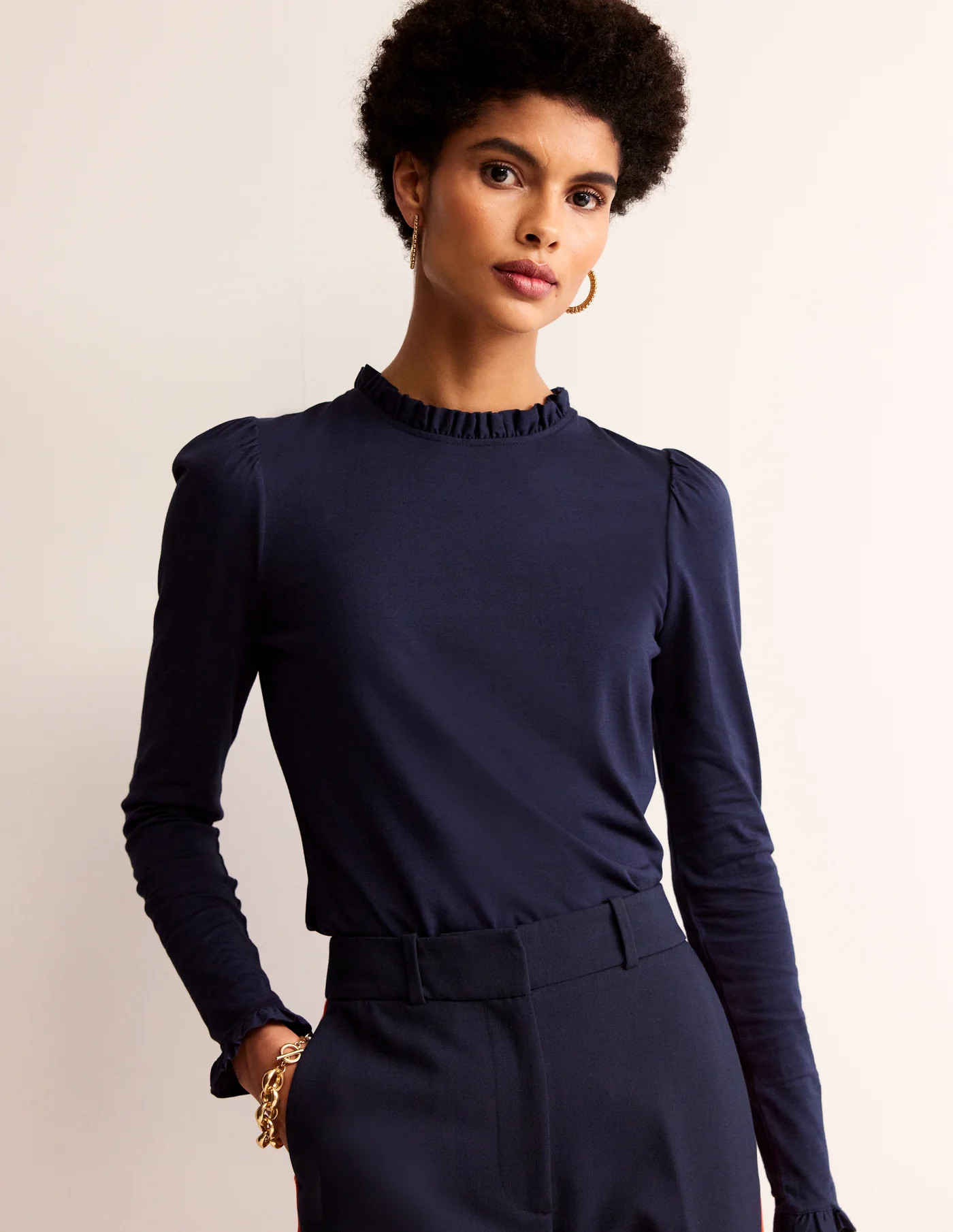 Supersoft Frill Detail Top-Ivory / Navy Stripe | Boden UK