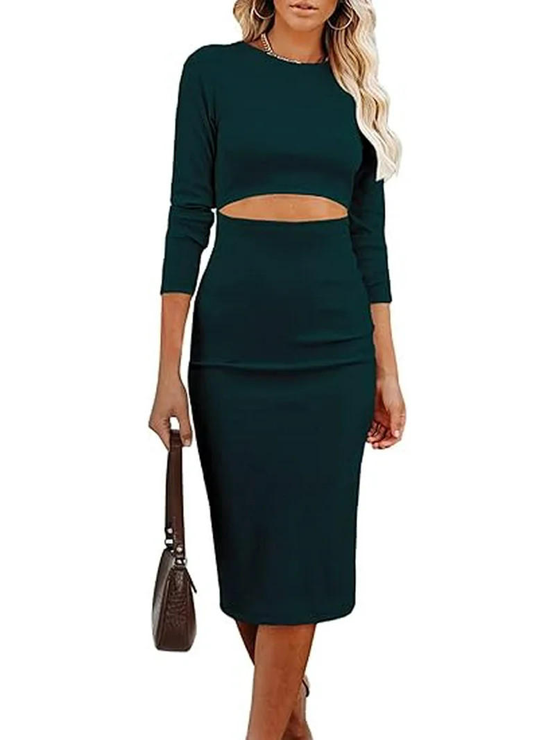 PRETTYGARDEN Women's Long Sleeve Midi Bodycon Dresses Casual Crewneck Cut Out Ribbed Knit Fitted ... | Walmart (US)