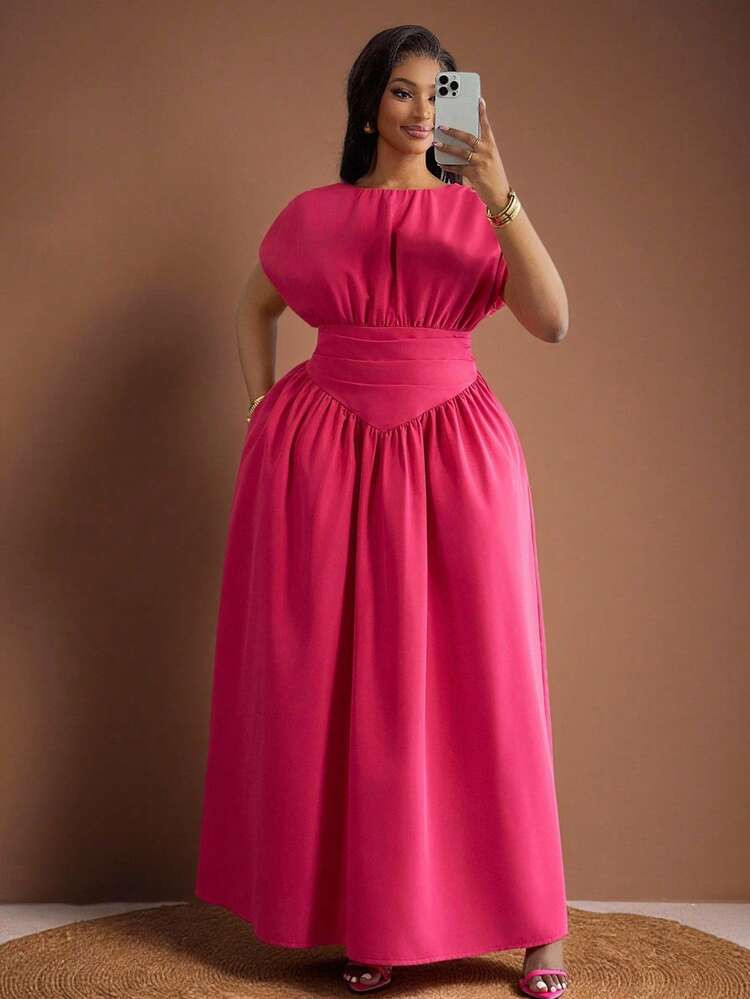 Veslaya 2025 Spring/Summer New Women Plus Size Elegant Commuting/Beach Vacation/Date/Party/Music Festival Solid Fuchsia Round Neck Sleeveless Cinched Waist Spliced Pointed Hem A-Line Dress - B Plus Size Christmas | SHEIN