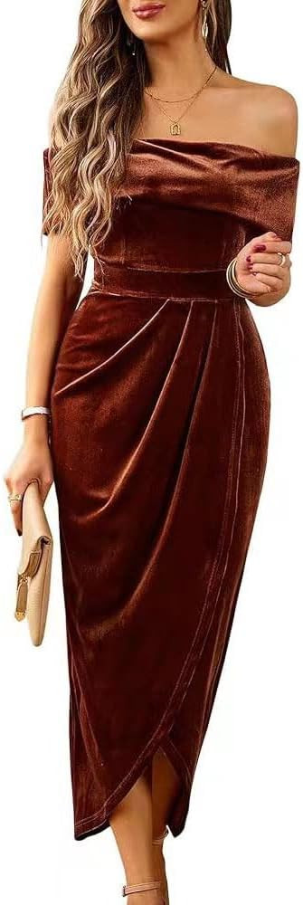 Off The Shoulder Vintage Velvet Bodycon Midi Dress for Women Wrap Slit Elegant Cocktail Party Eve... | Amazon (US)
