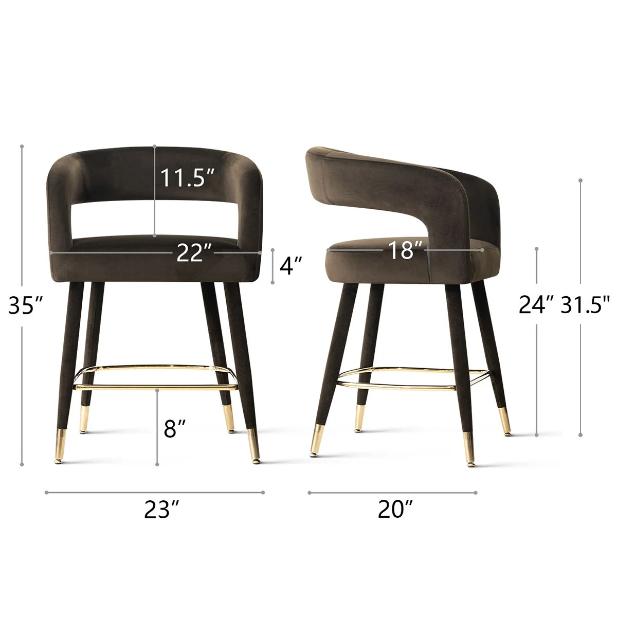 24" Velvet Counter Height Bar Stools With Gold Footrest (Set of 2) | Wayfair North America