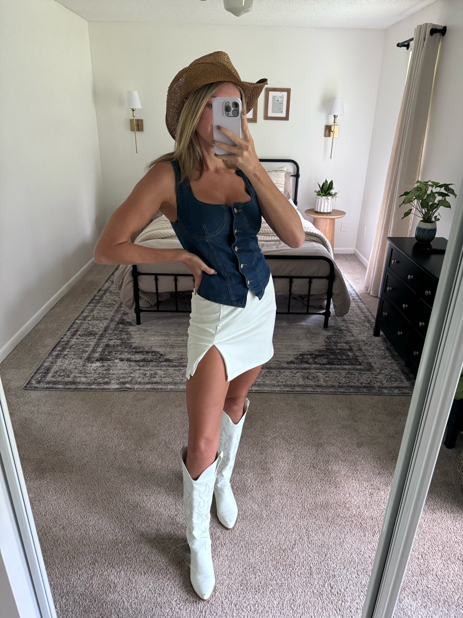 Amazon country concert outfit, festival, western, white boots, denim vest