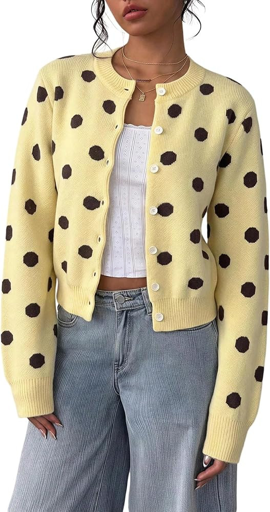 OYOANGLE Women's Polka Dots Knit Cardigan Sweater Y2k Fall Going Out Top | Amazon (US)
