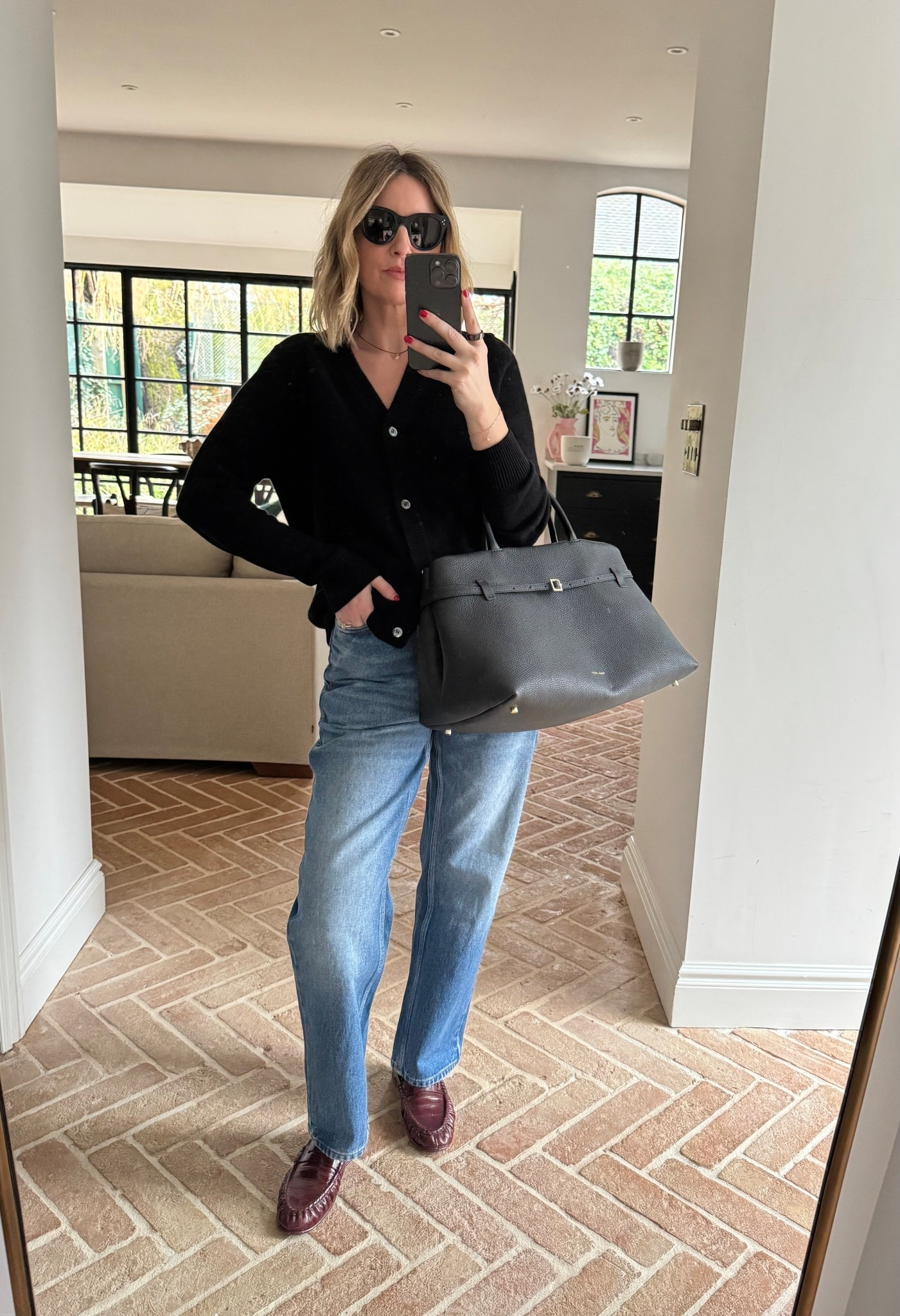 Denim Jeans + a Black Cardi + Burgundy Loafers 

#LTKuk #LTKspring #LTKFashionMonth