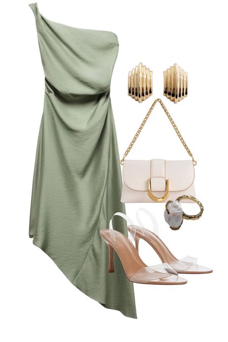 Green asymmetric dress, gold earrings, white and gold chain bag, pvc heels.
Wedding guest dress, spring going out outfit, maxi dress, wedding wear, occasion dress .

#LTKwedding #LTKstyletip #LTKparties