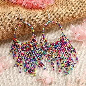 Tribal Dangle Fringe Tassel Bead & Hoop Earrings Native American Style by BOGZON (Multi Color) | Amazon (US)